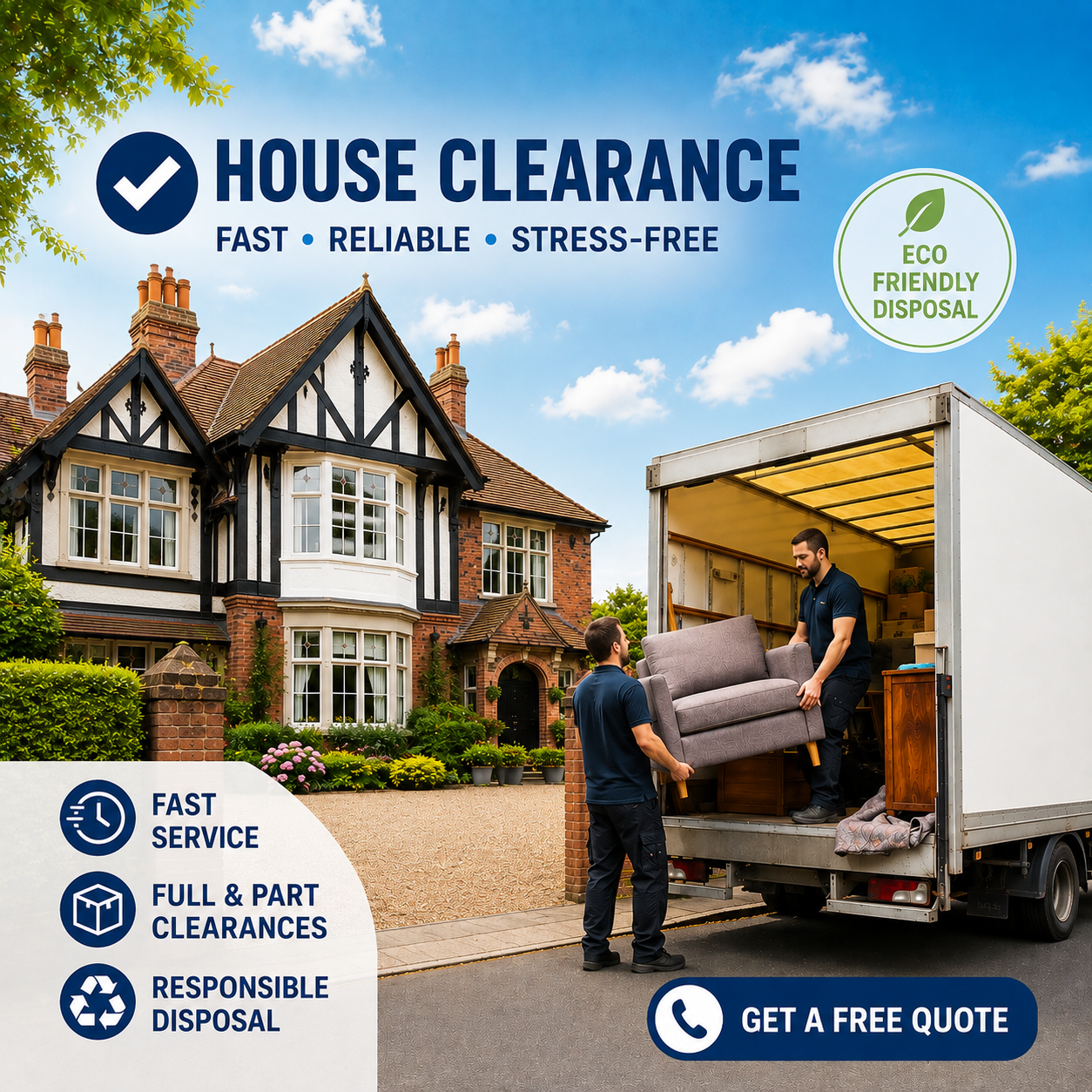 Example Meta ad creative for a house clearance company — fast, reliable, stress-free house clearance with eco-friendly disposal